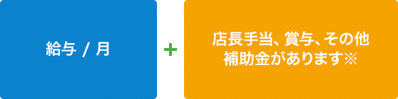 給与/月 + 店長手当、賞与、その他補助金があります※